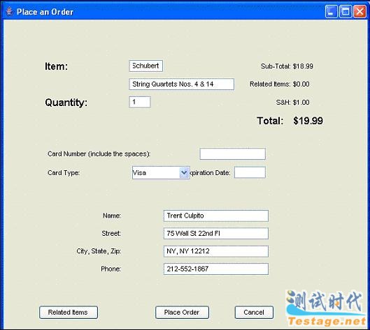 ClassicsJavaA 應用程序中的 Place an Order 對話框